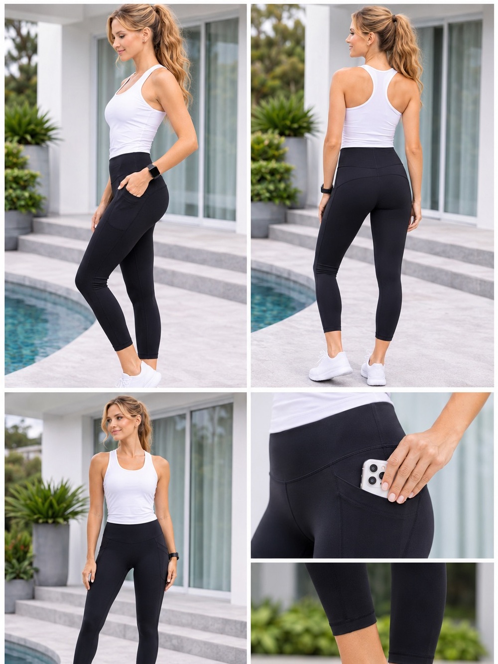 Black High Waisted Leggings Pocket Crop Stretch Athletic Yoga Pants
